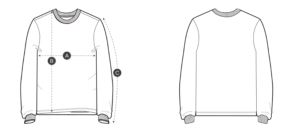 Meetpunten A, B en C van heavy relaxed fit longsleeve