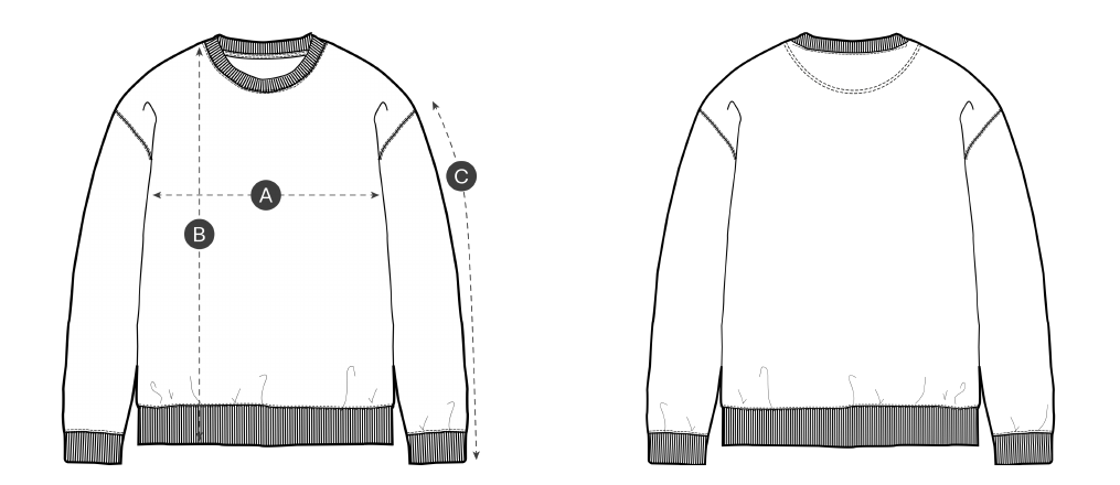 Meetpunten A, B en C van basic medium fit trui